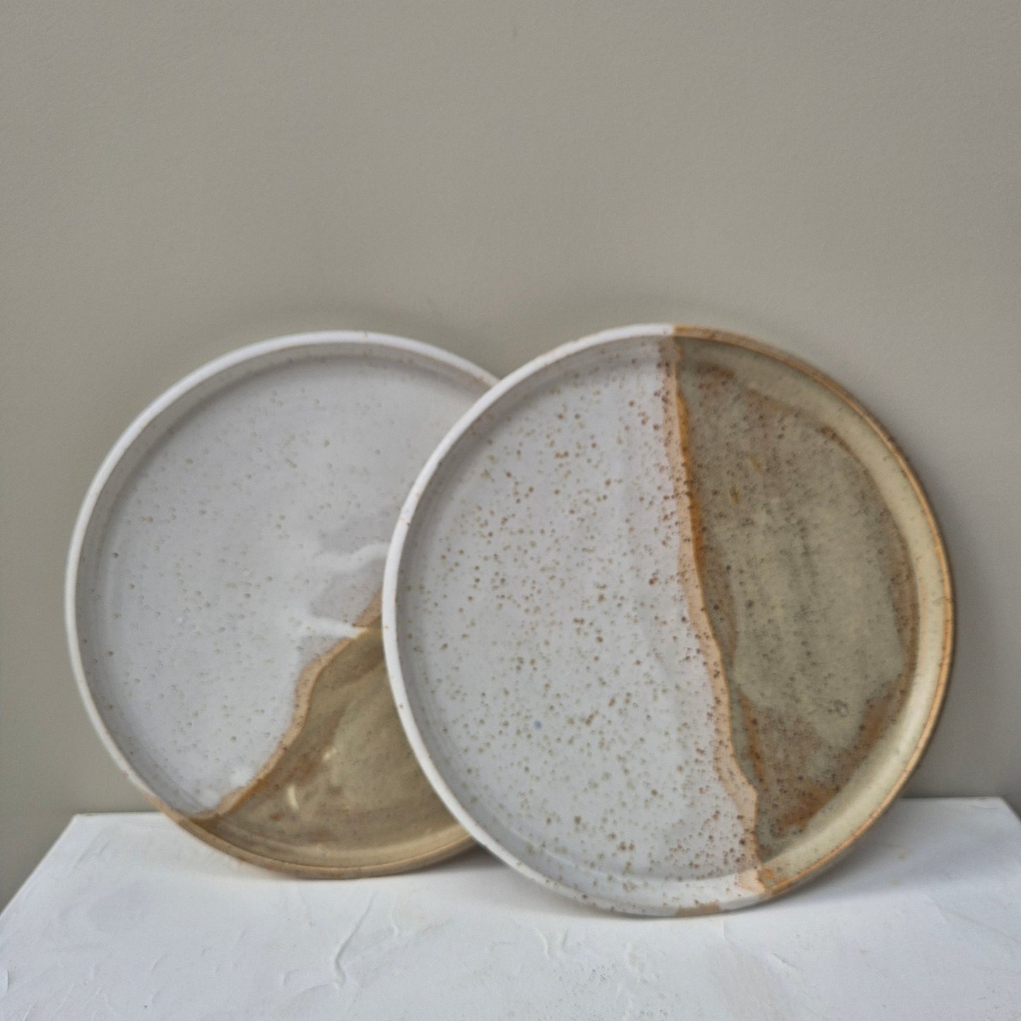 Two ceramic plates with a speckled glaze on a neutral background