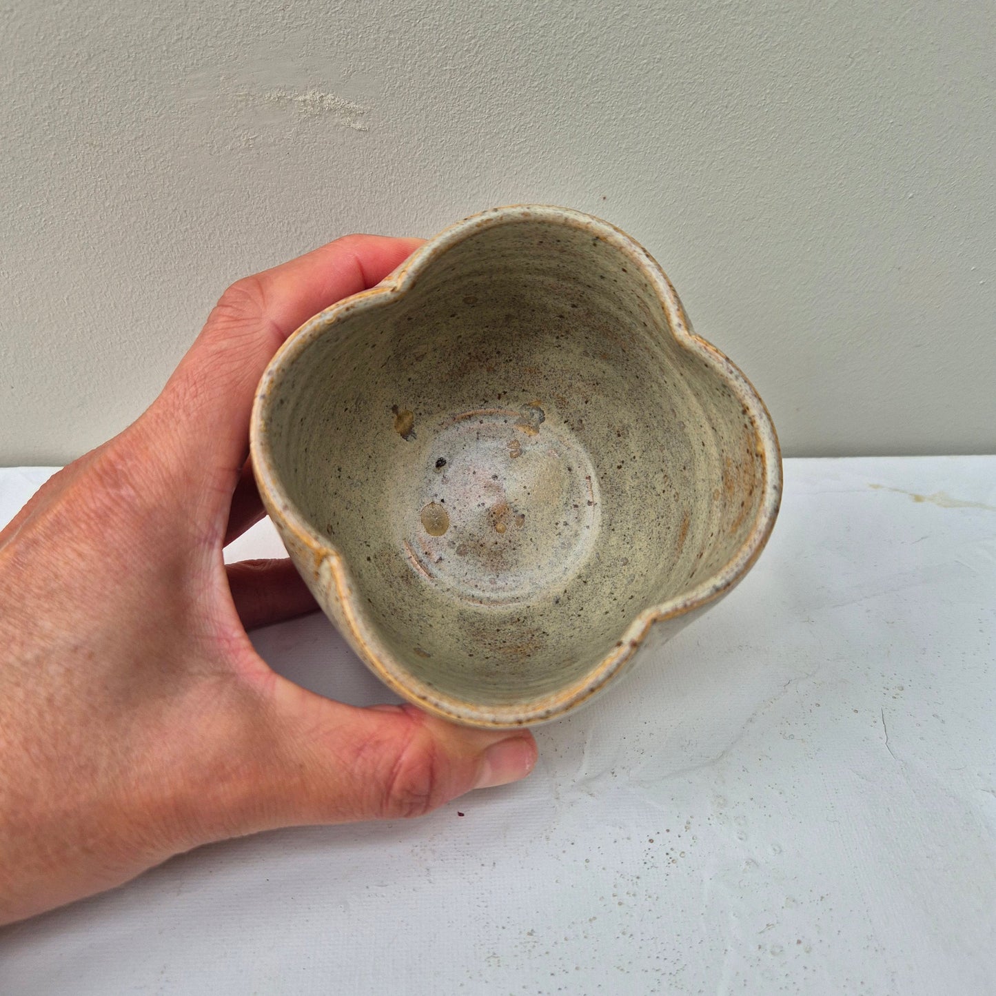 Hand holding a ceramic bowl against a plain background