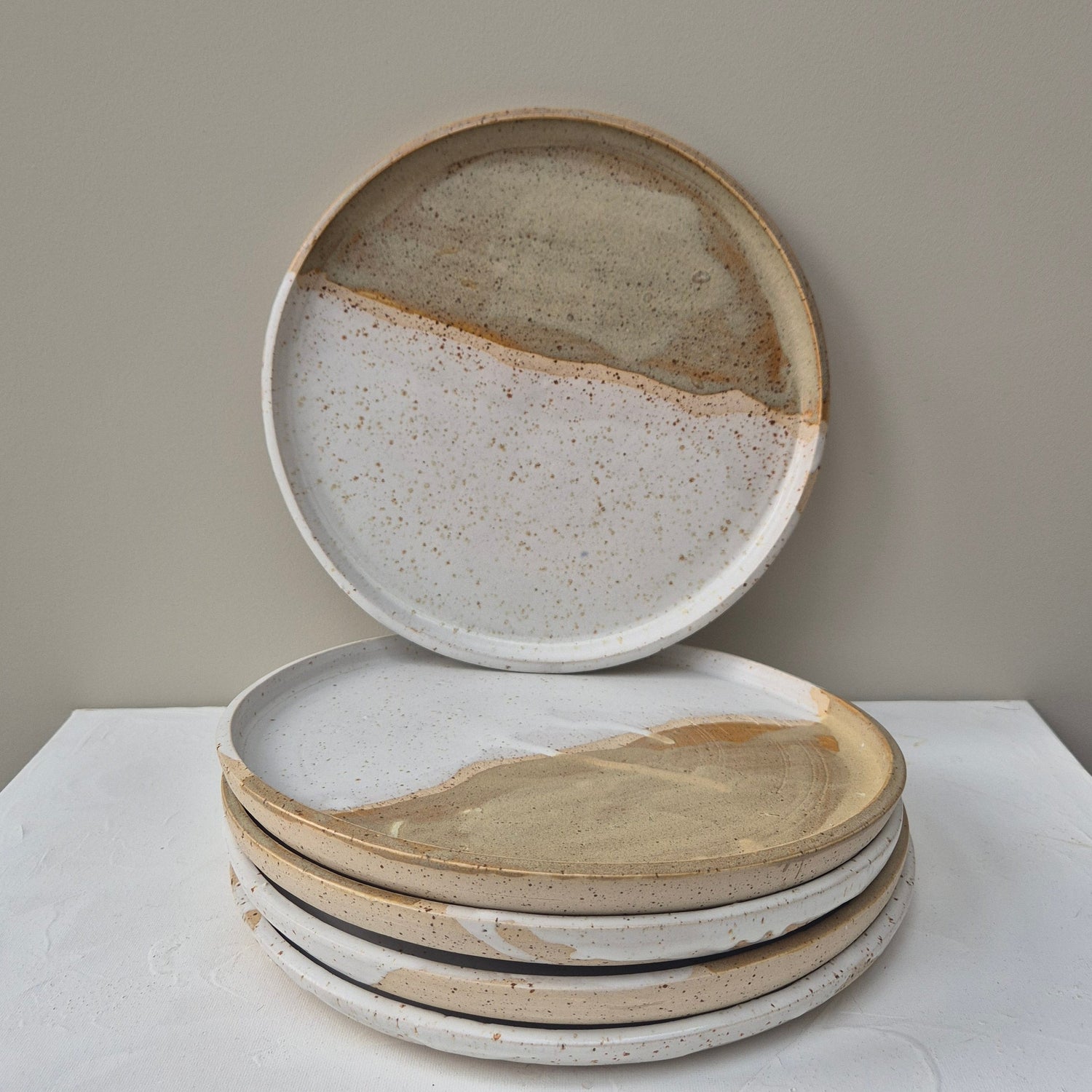 Set of ceramic plates with a speckled glaze on a neutral background