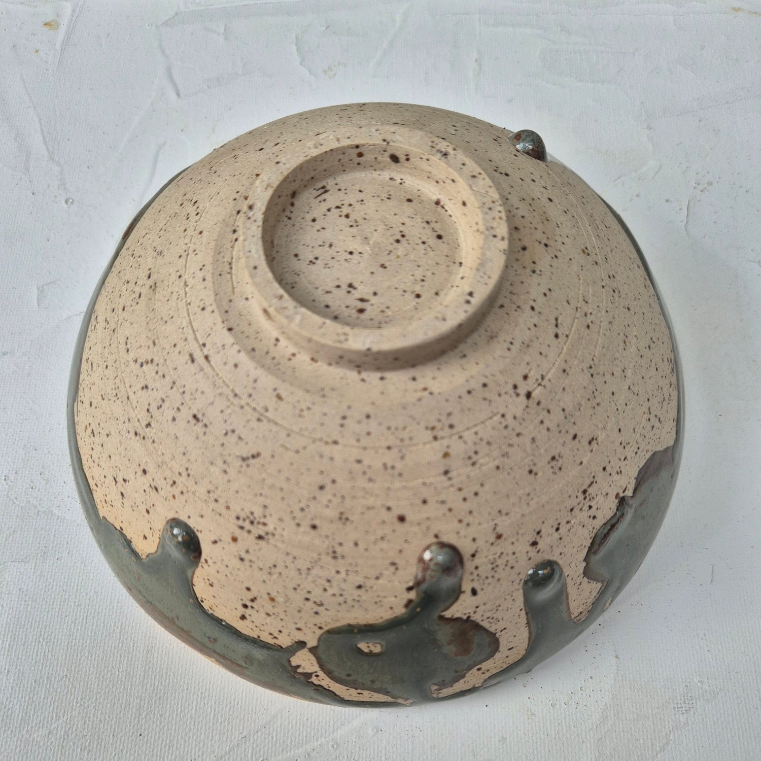 Ceramic plate with speckled design on a light gray background