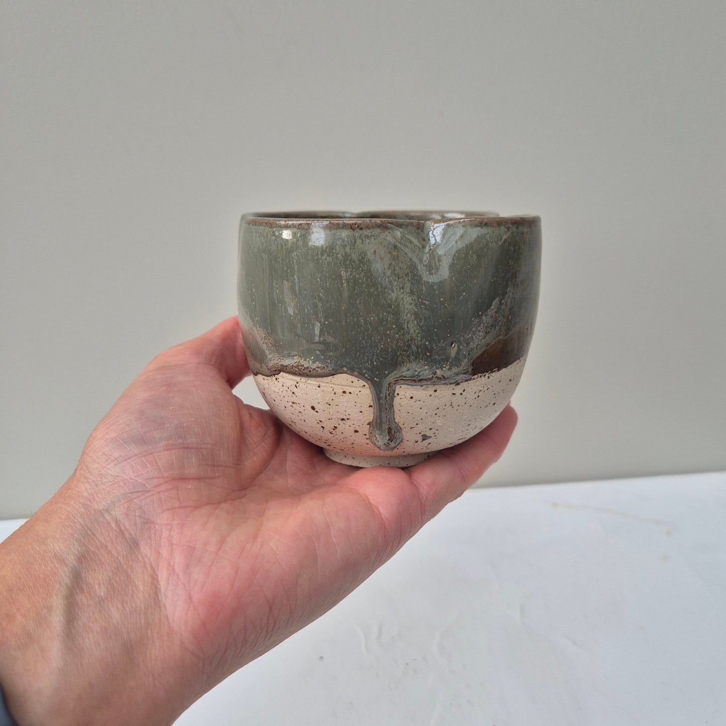 Hand holding a ceramic bowl against a plain background