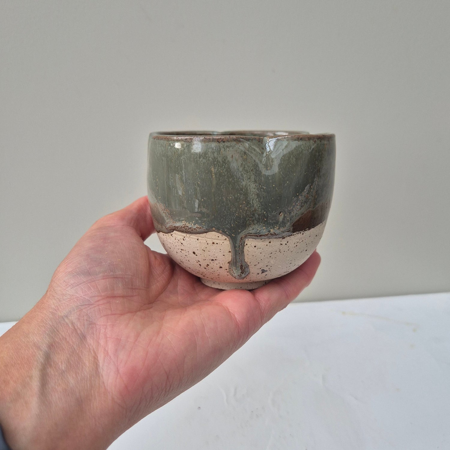 Hand holding a ceramic bowl against a plain background